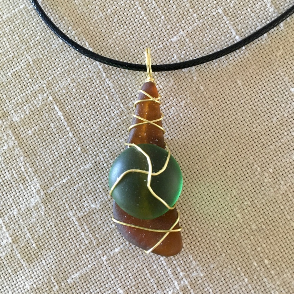 Sea Glass Pendant Necklace Brown Green